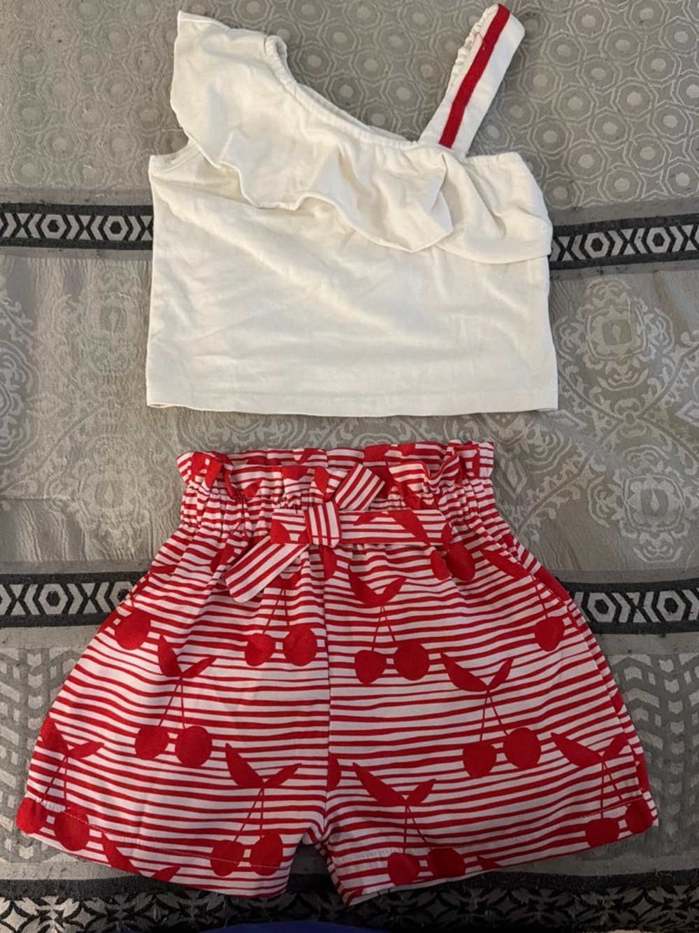 Kids White Ruffle One-Shoulder Top and Red Cherry Print Shorts Set